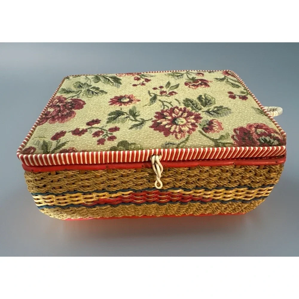Vintage Woven Floral Sewing Basket Tray Tapestry 11
